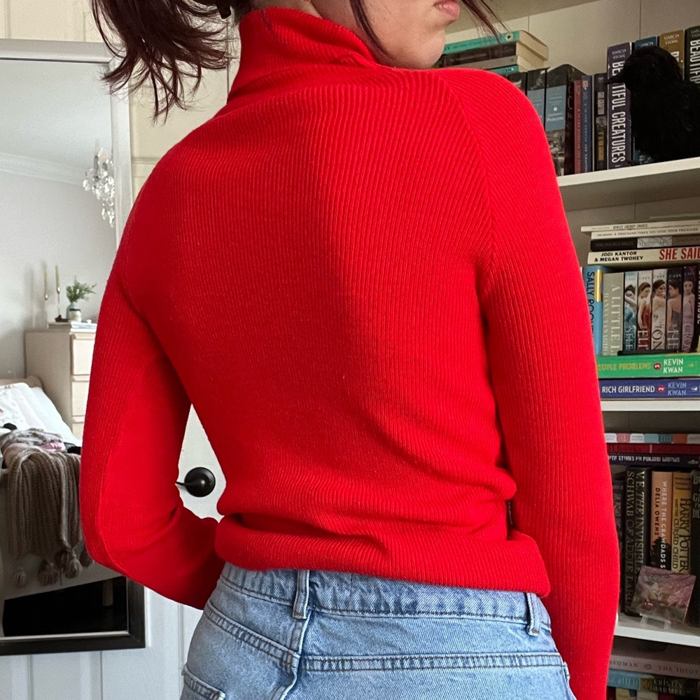 Vintage Bright Red Ribbed Turtleneck Sweater - Picture 3 of 4